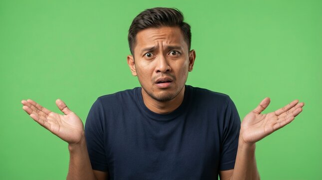 Confused Asian Man Shrugging Shoulders and Looking at Camera with Uncertain Expression on Green Screen