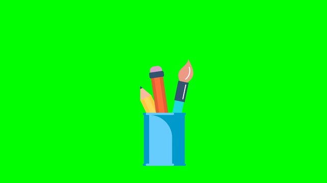 Сreative office workspace, school education, artist studio toolkit, graphic design supplies or artwork icon. Blue stationery holder cup with pencil pen and paintbrush. 2d flat animation. Alpha channel