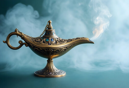 Magic lamp with smoke, wish fulfillment and fantasy concept, antique golden oil lamp with ornate details and mystical vapor on a blue background