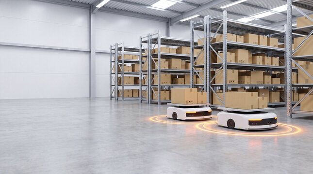 Warehouse AMRs Moving Parcels Hero View