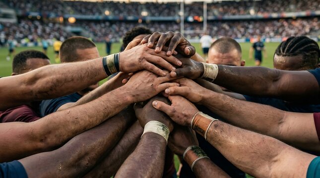 A diverse group of rugby players huddle together, hands stacked in a show of unity and teamwork on the field before a game.