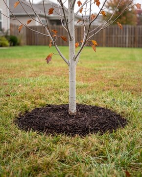 A young maple tree with dark mulch ring on an autumn backyard lawn, bare branches with a few orange leaves remaining, concept of fall garden care and tree maintenance in a residential yard.