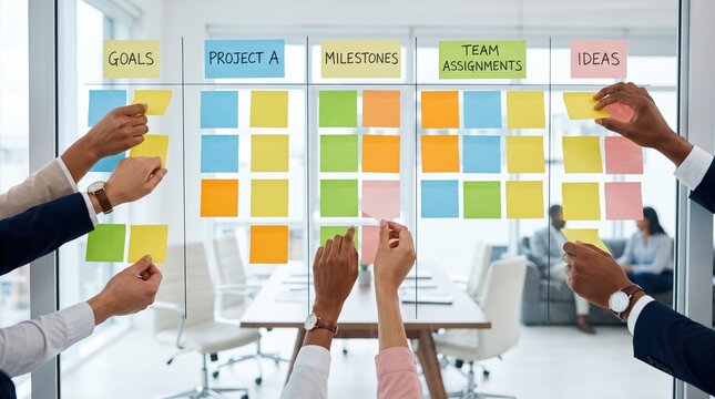 Diverse business team brainstorming session using colorful sticky notes on glass wall, project management planning, agile methodology workflow, goal setting, milestone tracking