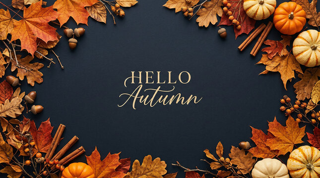 Hello Autumn text with fall leaves and pumpkins frame on a dark textured background