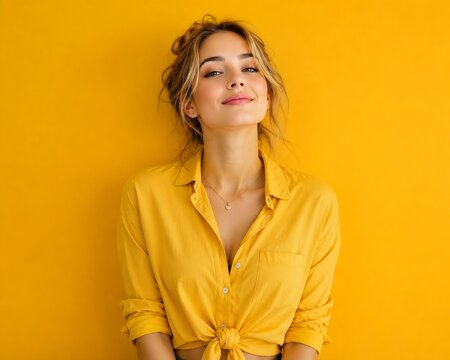 Young smiling woman wearing yellow shirt standing against yellow background with casual clothing
