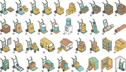 Fototapeta premium Isometric Warehouse Logistics Vector Icon Set with Hand Trucks Cargo Vans Delivery Boxes Storage Shelves and Material Handling Equipment