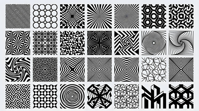 Optical Illusion Patterns: A collection of abstract geometric patterns in black and white creates a mesmerizing optical illusion effect, challenging perception and visual interpretation.