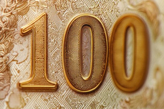 Close-up of an embossed golden 100 on an ornate banknote with intricate patterns and textured engraving conveying opulence and value