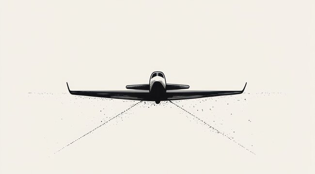 Front-facing silhouette of a sleek airplane with long winglets and dotted spray trails on a pale minimal background, evoking calm solitude