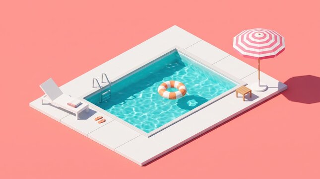 Isometric view of a refreshing summer swimming pool with clear blue water, orange lifebuoy floating, white sunbed with towel, pink striped umbrella providing shade, minimalist 3D