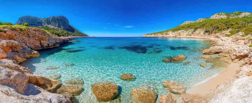 Serene turquoise cove with crystal-clear shallow water, exposed rocks and sandy beach framed by rocky cliffs and green scrub under a bright blue sky
