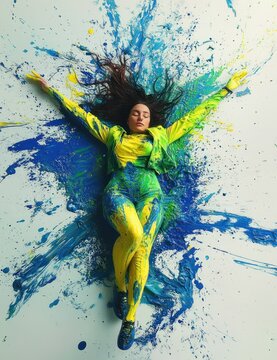 person lying on white floor with arms and legs outstretched, hair spread and body and clothes splattered with blue yellow and green paint in an exuberant joyful explosion