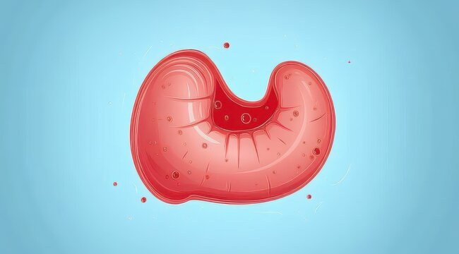 glossy red human stomach illustration showing inner cavity, rugae folds and scattered droplets on a calm light blue background, clinical educational mood