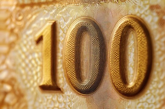 close-up of embossed golden 100 numerals on ornate metallic textured background conveying opulence and luxury