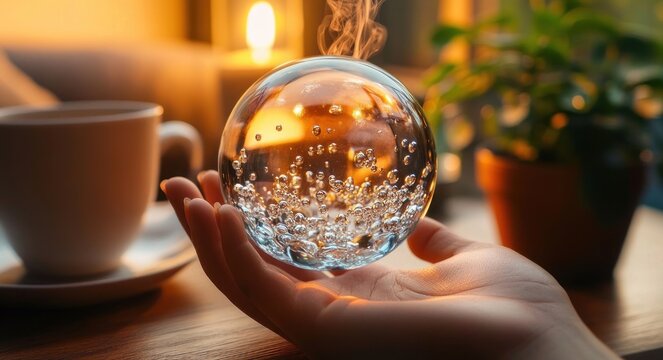 hand holding a glowing glass orb filled with bubbles and rising steam beside a cup, saucer, candle and potted plant in a warm cozy scene of calm and wonder