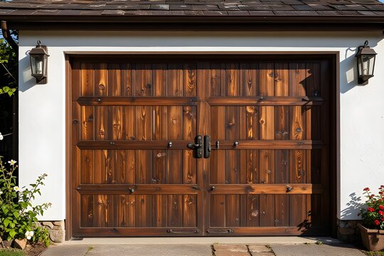 Wooden door to the garage of the house 