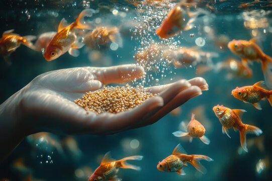 Hand offering fish food pellets underwater to curious orange goldfish, surrounded by rising bubbles and soft shimmering light, a calm nurturing moment