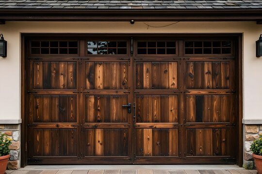 Wooden door to the garage of the house 