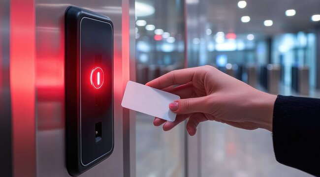 hand holding a white access card to an illuminated red card reader on a stainless steel panel in a modern office lobby, atmosphere of security and anticipation