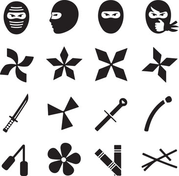 Black Silhouette Icons of Ninja Weapons and Symbols on White Background Vector Illustration