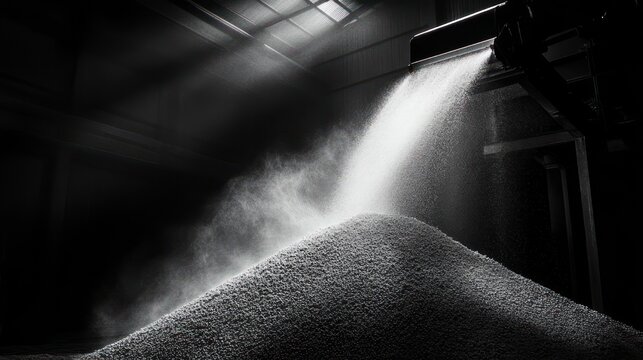 Dramatic black and white image of granular material pouring from an industrial chute onto a growing pile inside a dim warehouse, light beams cutting through swirling dust