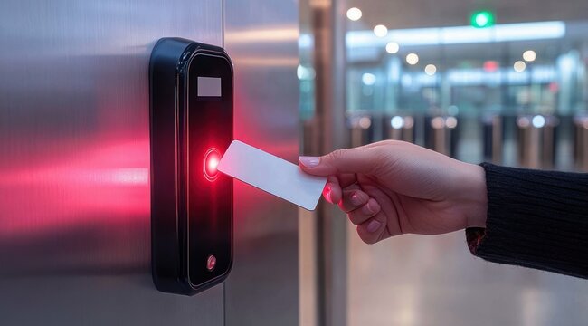hand holding white access card to illuminated card reader at office lobby turnstiles conveying secure entry and authorization