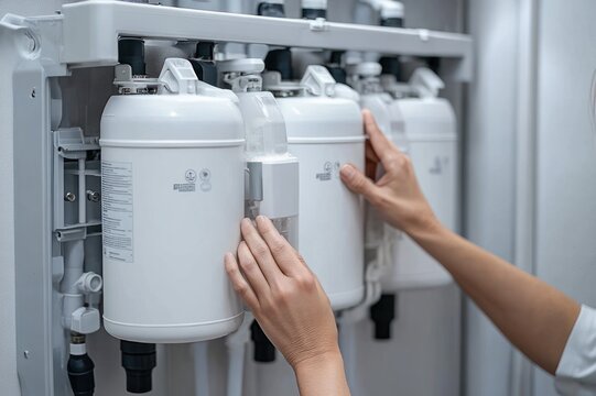 hands installing white cylindrical water filter cartridges in a multi-stage filtration unit, careful focused maintenance in a clean technical environment