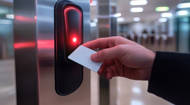 hand holding white access card up to electronic card reader with red indicator light in office lobby conveying secure controlled entry