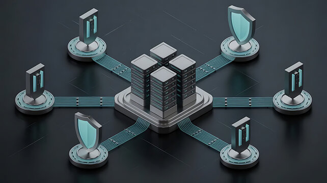 Secure server cluster surrounded by protective shields.