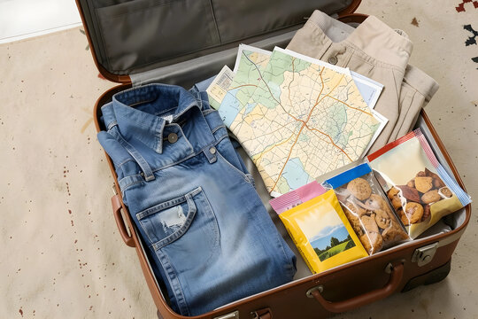 Travel planning and vacation preparation open suitcase with folded clothes paper map and snacks for a road trip or summer holiday adventure journey