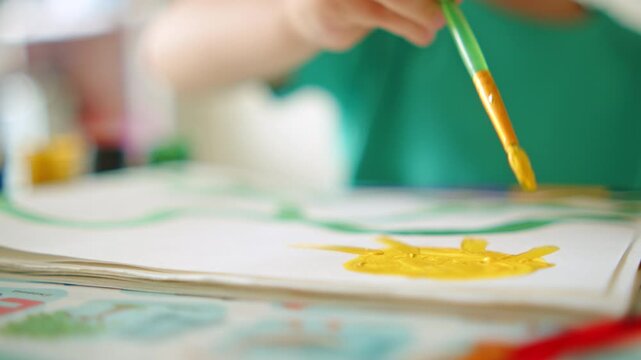 Little kid painting a bright yellow sun with watercolor paint. Close up of a baby painting colorful art, developing creativity in kindergarten. Small child drawing with paint and a small brush.