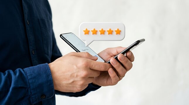 Customer giving five star rating on smartphone for excellent service and product satisfaction