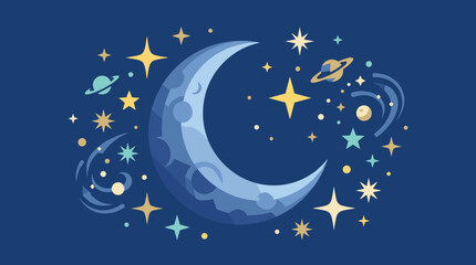 Naklejka premium Whimsical celestial vector art featuring a detailed blue crescent moon with craters, twinkling yellow stars, ringed planets, and cosmic shapes on a dark navy blue background.