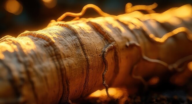 close-up of a knobbly root rhizome with thin fibrous rootlets and textured earthy skin, warm golden backlighting and soft bokeh creating a cozy rustic mood