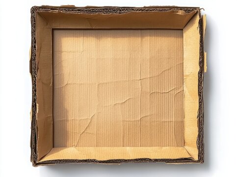 empty square corrugated cardboard tray with torn edges and creases, top view; minimal worn packaging conveying abandonment and simplicity