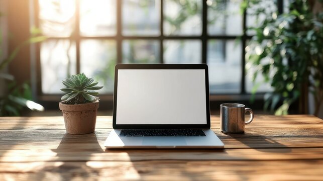 Sunlit minimalist workspace with laptop showing blank screen, potted succulent and metal mug on wooden table by large window, calm peaceful morning light