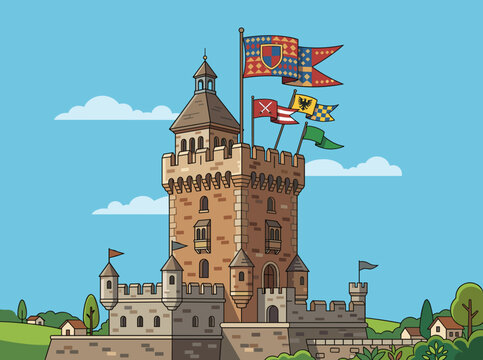 Medieval stone fortress tower with colorful heraldic flags and banners flying from battlements, featuring a stone wall, wooden roof, and countryside landscape under a blue sky.