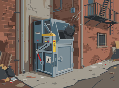 A gritty urban scene featuring a micro compactor bin. Industrial setting with brick walls and scattered debris. Detailed illustration, suitable for commercial use.