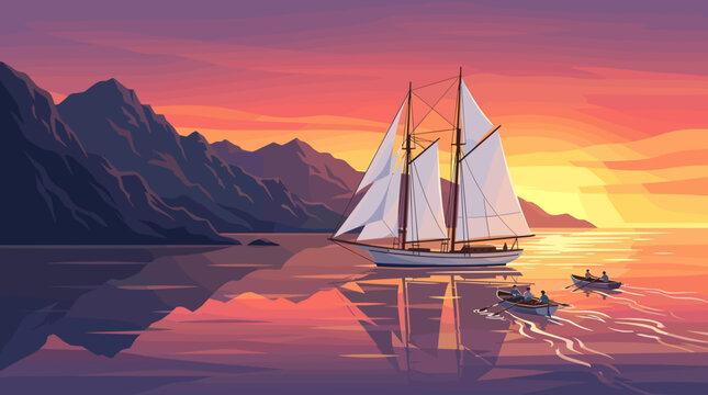 Vector illustration of a large two-masted schooner sailboat on calm ocean water during a vibrant sunset with coastal mountains and two small rowboats with people nearby.