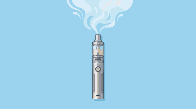 Flat vector illustration of a metallic silver electronic cigarette vape pen with a clear tank and stylized white vapor smoke rising against a solid light blue background.