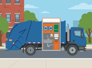 Fototapeta premium A vibrant illustration depicts an emergency decontamination truck with a washing station. Clean lines and a modern style showcase urban preparedness. Ideal for public service or safety themes.