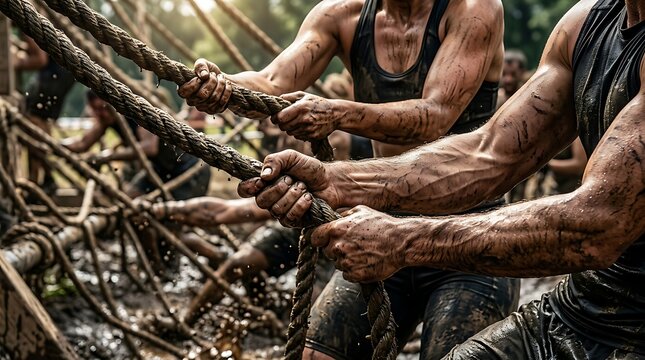 Close-up of muscular men pulling thick muddy ropes during an intense outdoor obstacle course race.