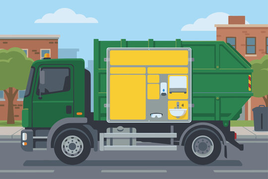 A vibrant municipal waste truck features a decontamination station. Clear signage highlights eye and hand washing instructions. Modern illustration, ideal for public health campaigns.