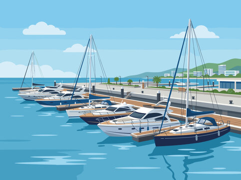 Vector illustration of luxury yachts and sailboats docked at a modern marina pier with a coastal city, palm trees, and green hills under a bright blue sky with light clouds.