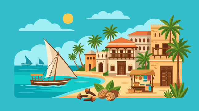 Vector illustration of Zanzibar Stone Town coast with traditional dhow sailing boats, Swahili architecture, palm trees, sandy beach, and spices like cloves and nutmeg on the shore.