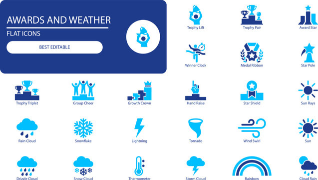 Awards and weather minimal silhouette icons set. Vector illustration of trophy, medal, sun, rain and storm symbols for app and web design