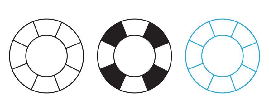 Life Buoy Icon Collection, Lifebuoy Ring and Water Rescue Symbols in Outline and Solid Black Designs, Maritime Safety and Swimming Equipment Illustration Isolated on White Background