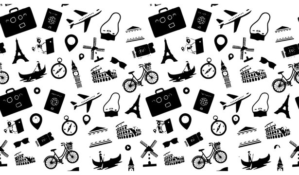 European vacation travel seamless pattern with landmarks and travel icons vector