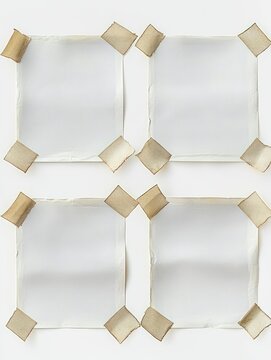 Four blank square papers secured with aged brown photo corner tape in a neat 2x2 grid on white background, minimalist nostalgic composition