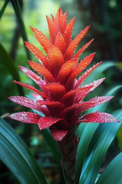 vibrant red tropical flower spike with dewy water droplets and glossy green leaves in a blurred garden setting, fresh uplifting mood